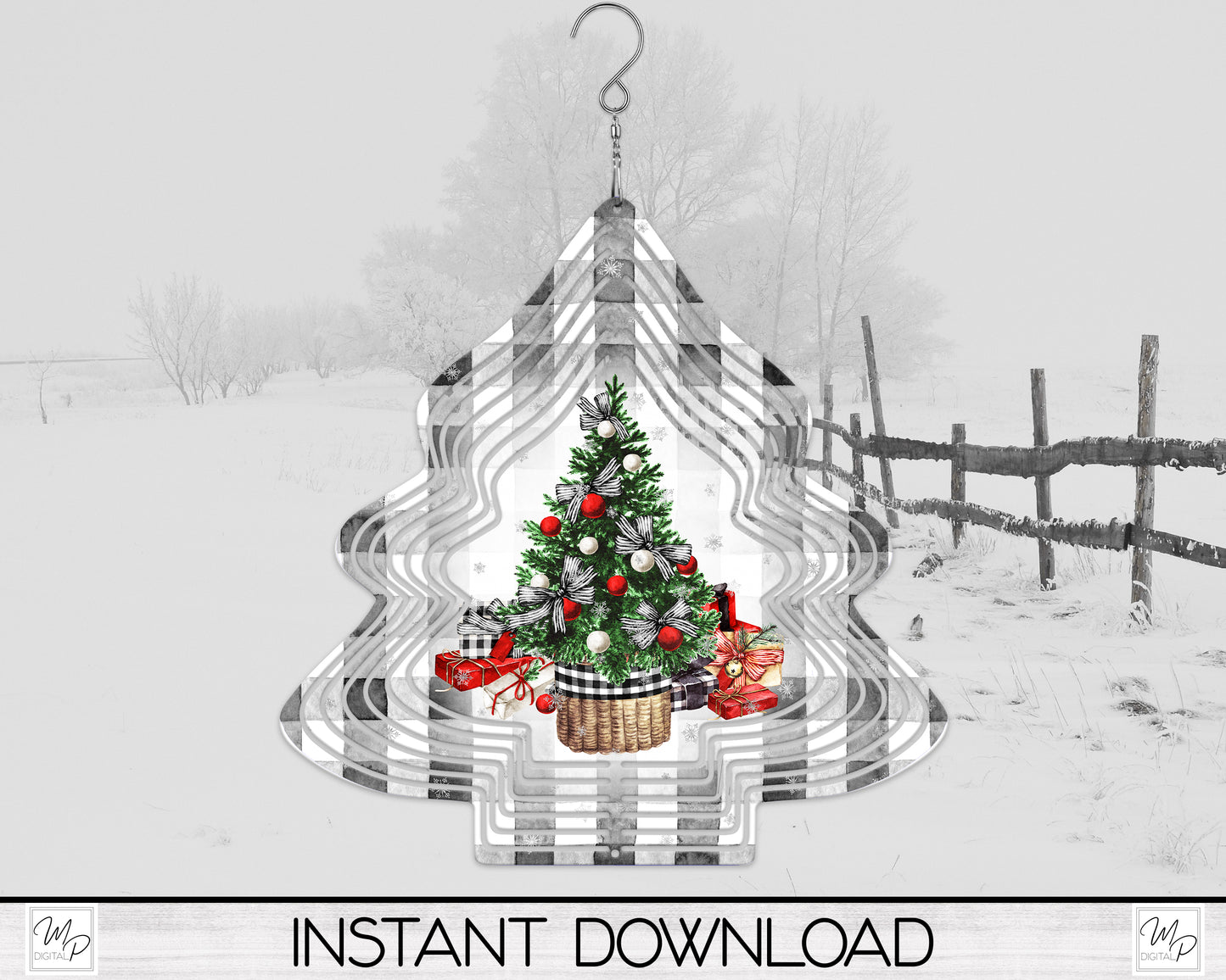 Farmhouse Buffalo Plaid Christmas Tree Wind Spinner PNG Design for Sublimation, Garden Spinner Design, Digital Download