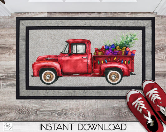 Christmas Door Mat Design for Sublimation, Red Farmhouse Truck