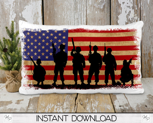 Patriotic US Flag, Military Soldier Lumbar Pillow Cover PNG Sublimation Design, Digital Download