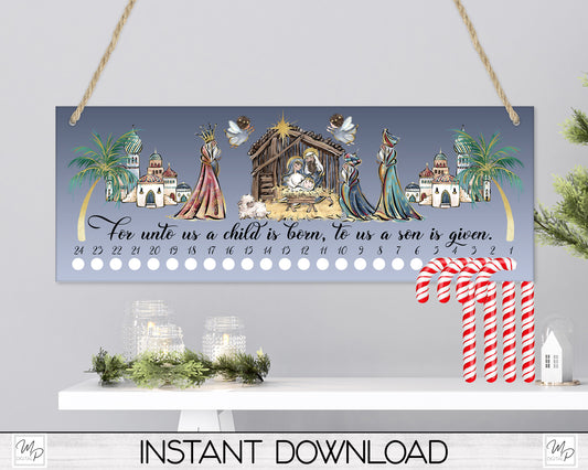 Christian Nativity Candy Cane Countdown Sign PNG Sublimation Digital Download, Candy Cane Holder Advent Calendar