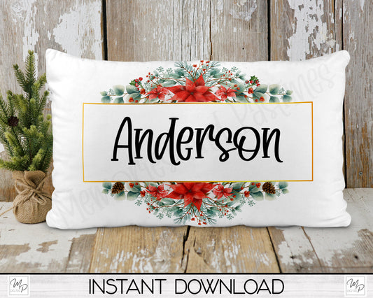 Floral Christmas Frame Lumbar Pillow Cover PNG Sublimation Design, Digital Download