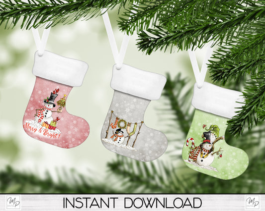 Snowman Stocking Christmas Tree Ornament PNG for Sublimation, Ornament Design, Digital Download