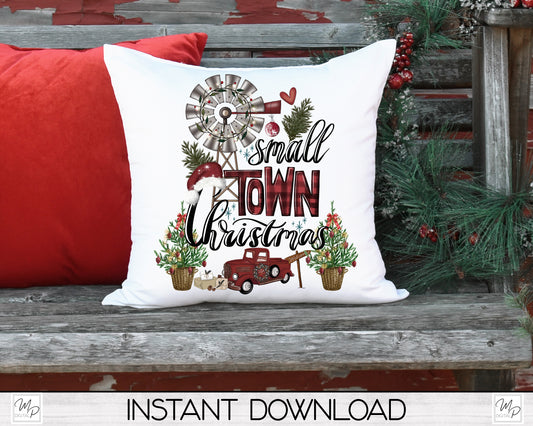 Small Town Christmas Pillow Cover PNG Sublimation Design, Digital Download, Square Pillow Case PNG Design
