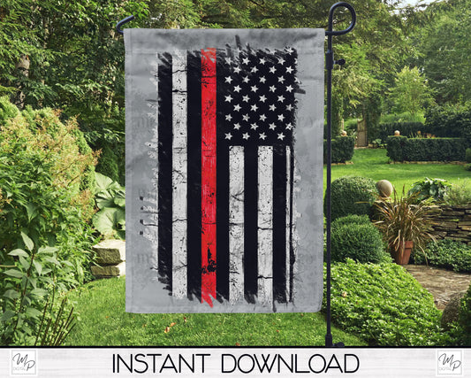 Thin Red Line US Flag Garden Flag PNG for Sublimation Design, Digital Download, Firefighter