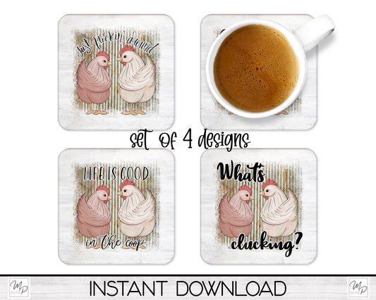Set of 4 Chicken Coaster Sublimation PNG Designs, Square Coffee Coasters, Car Coaster Sublimation Digital Download