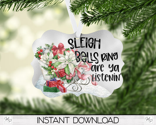 Christmas Sleigh Bells Ornament PNG for Sublimation, Benelux Tree Ornament Design, Digital Download
