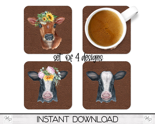 Set of 4 Cow Coaster Sublimation PNG Designs, Square Coffee Coasters, Car Coaster Sublimation Digital Download
