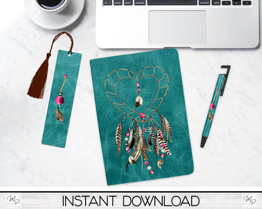 Dreamcatcher with Feathers Journal and Pen Set PNG Sublimation Design, Boho Digital Download
