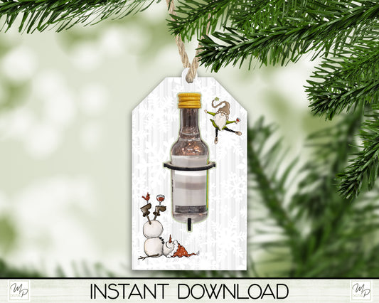 Snowman Tag Christmas Liquor Bottle Holder, Ornament PNG for Sublimation, Digital Download Design