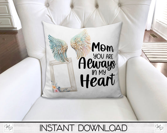 Angel Wings Mom Memorial Pillow Cover PNG Sublimation Design, Digital Download, Square Pillow Case PNG Design