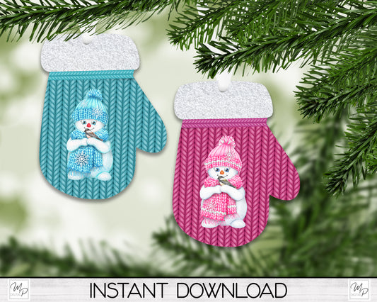 Snowman Mitten Christmas Tree Ornament PNG for Sublimation, Ornament Design, With and Without Words, Digital Download