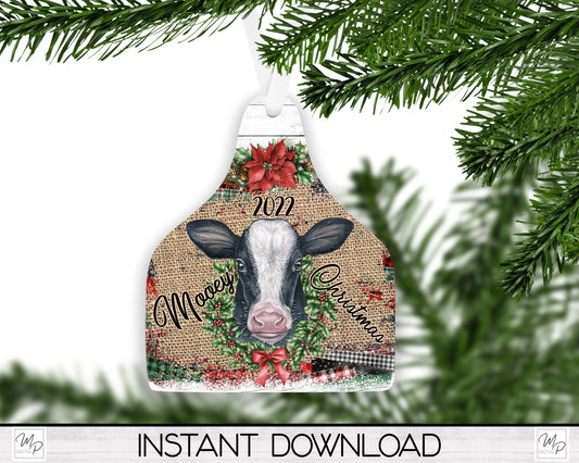 Cow Tag Christmas Tree Ornament PNG for Sublimation, Mooey Christmas, Ornament Design, With and Without Words, Digital Download