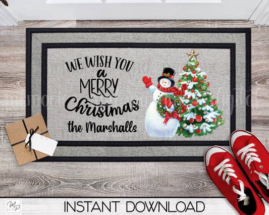 Christmas Door Mat Design for Sublimation, Snowman and Christmas Tree