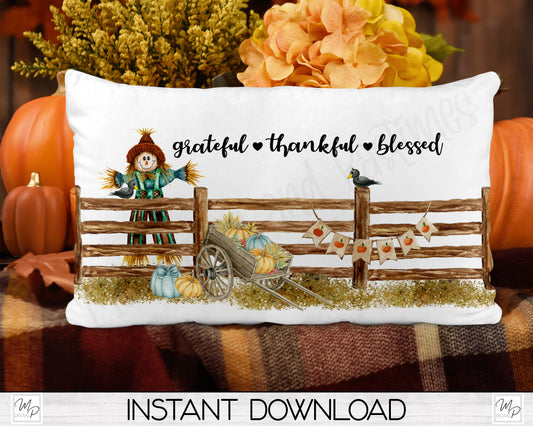 Fall Scarecrow Lumbar Pillow Cover PNG Sublimation Design, Digital Download, Grateful Thankful Blessed