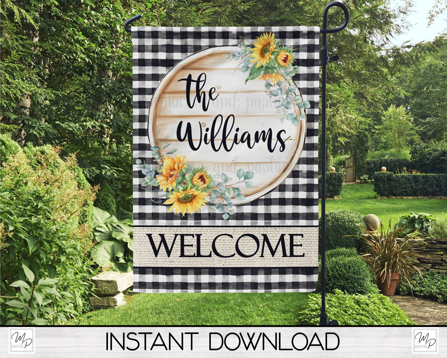 Sunflower Farmhouse Buffalo Plaid Garden Flag PNG for Sublimation Design, Digital Download