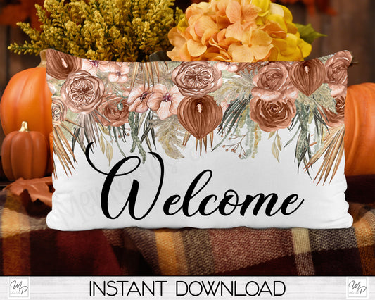 Fall Floral Welcome Lumbar Pillow Cover PNG Sublimation Design, Digital Download