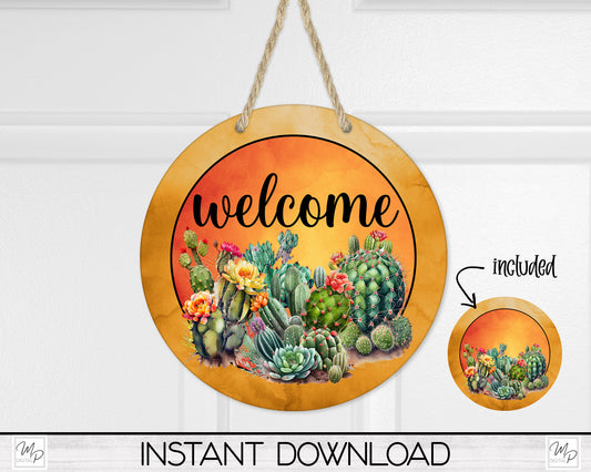 Desert Cactus Circle Front Door Hanger PNG Design for Sublimation, Two Designs, Digital Download