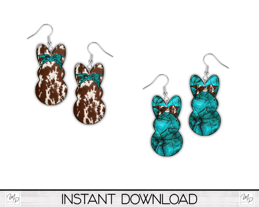 Cowhide and Turquoise Bunny Peeps PNG Designs for Sublimation of Earrings, Bundle, Digital Download