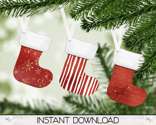 Red Stocking Christmas Tree Ornament PNG for Sublimation, Ornament Design, Digital Download