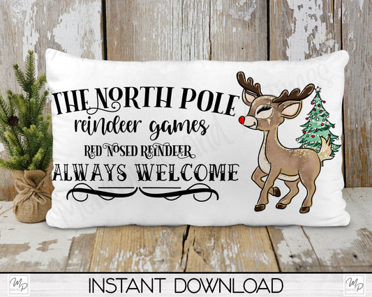 Christmas Reindeer Lumbar Pillow Cover PNG Sublimation Design, Digital Download