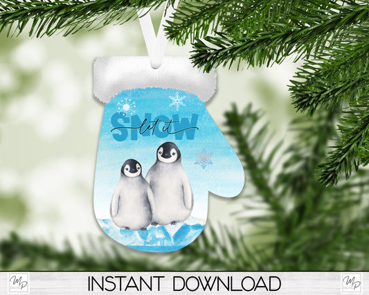 Penguin Mitten Christmas Tree Ornament PNG for Sublimation, Digital Download
