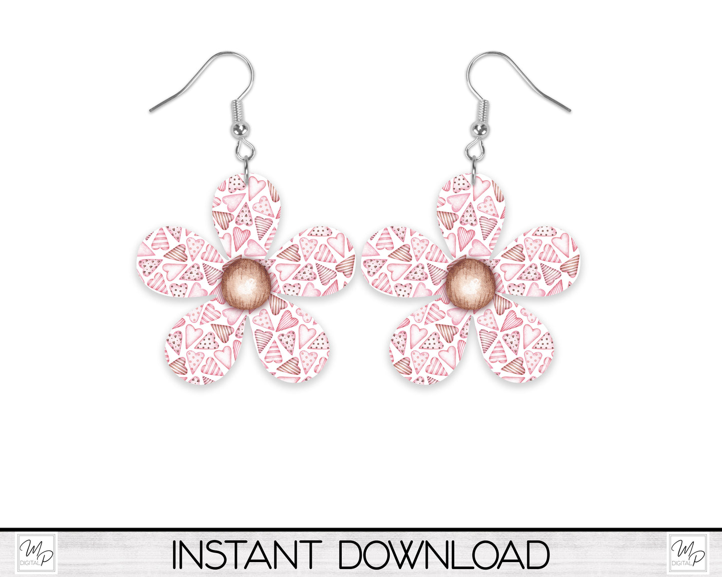 Valentine Heart Daisy Flower Earring PNG Design for Sublimation, Digital Download