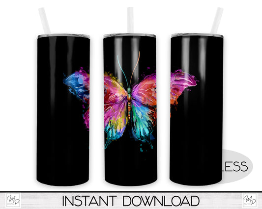 Bold Watercolor Butterfly 20oz Skinny Tumbler PNG Sublimation Design, Tumbler Digital Download