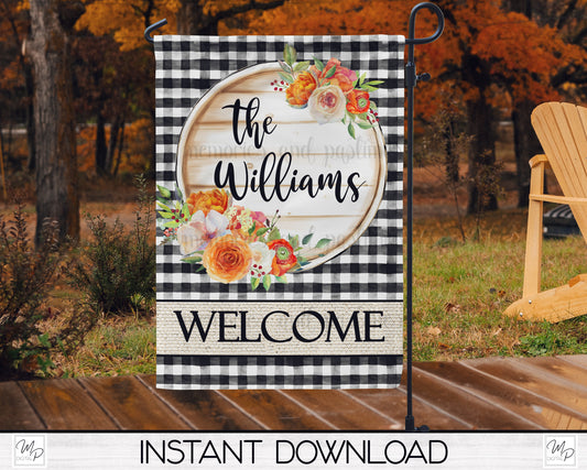 Fall Floral Garden Flag PNG for Sublimation Design, Digital Download, Buffalo Plaid