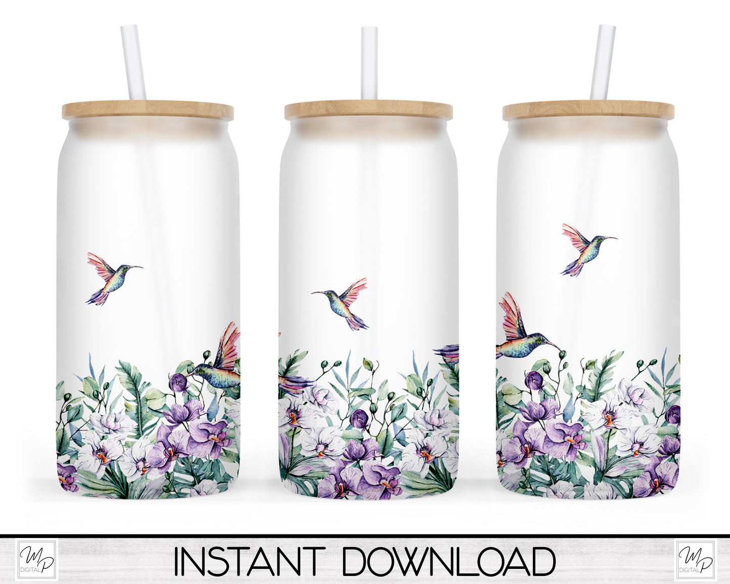 Hummingbird Glass Can Sublimation Wrap PNG, Coffee Glass Tumbler Sublimation Design, Digital Download
