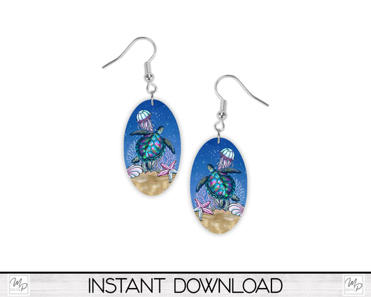 Under the Sea Turtle Oval PNG Design for Sublimation of Earrings Digital Download