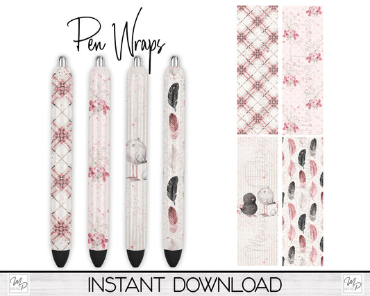 Spring Birds & Feathers Sublimation Pen Wrap PNG Design Digital Download, Epoxy Ink Pen Wrap Template, Pen Wrap Bundle