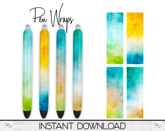 Summer Watercolor Sublimation Pen Wrap PNG Design Digital Download, Epoxy Ink Pen Wrap Template, Pen Wrap Bundle