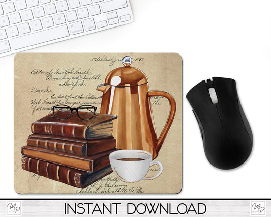 Books and Coffee Mouse Pad PNG for Sublimation Digital Download, Mousepad Design for Sublimation