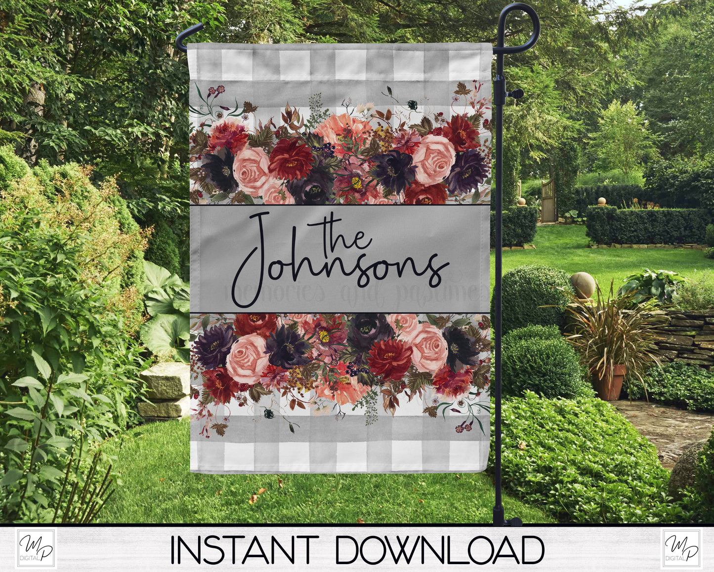 Floral Buffalo Plaid Garden Flag PNG for Sublimation Design, Digital Download