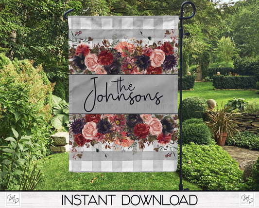 Floral Buffalo Plaid Garden Flag PNG for Sublimation Design, Digital Download