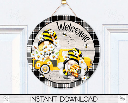 Gnome Bee Round Door Sign PNG Design for Sublimation, Yellow Truck with Daisies