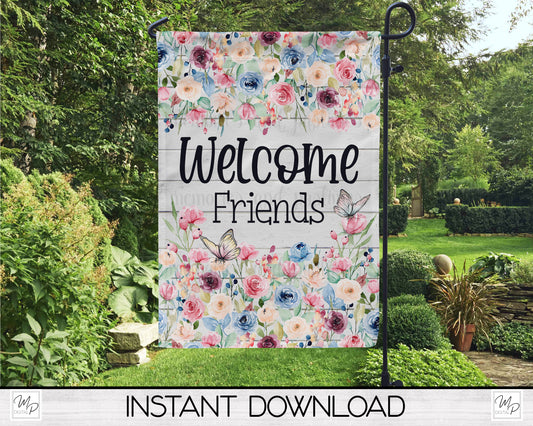 Butterflies and Flowers Garden Flag PNG for Sublimation Design, Digital Download, Welcome Friends