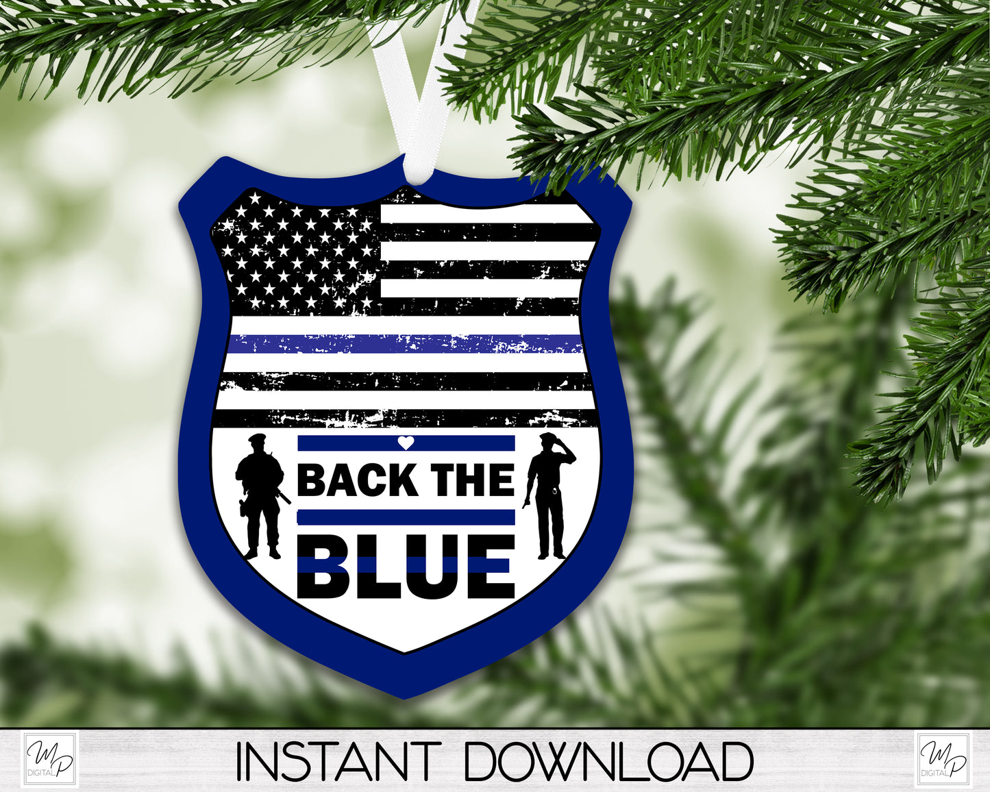 Police Shield Christmas Ornament PNG for Sublimation, Back the Blue Digital Download Design