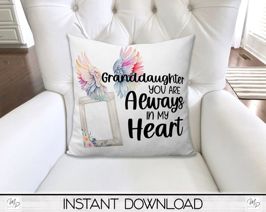 Angel Wings Granddaughter Memorial Pillow Cover PNG Sublimation Design, Digital Download, Square Pillow Case PNG Design