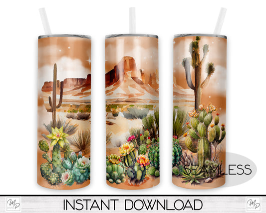 Southwest Cactus 20oz Skinny Tumbler PNG Sublimation Design, Digital Download