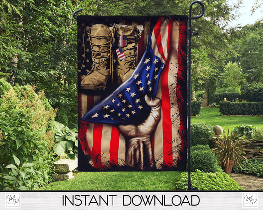 Patriotic Soldier Garden Flag PNG for Sublimation Design, Digital Download, Military Boots and USA Flag