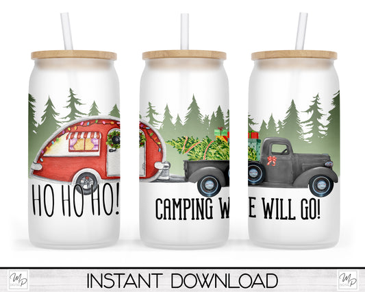 Christmas RV Camping Glass Can Sublimation Wrap PNG, Coffee Glass Tumbler Sublimation Design, Digital Download
