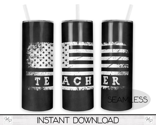 Teacher Flag 20oz Skinny Tumbler PNG Sublimation Design, Tumbler Digital Download