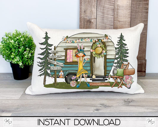 Easter Camping Lumbar Pillow Cover PNG Sublimation Design, Digital Download