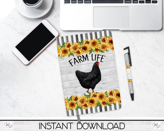 Farm Life Chicken Journal and Pen Set PNG Sublimation Design, Digital Download