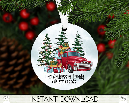 Red Farmhouse Truck Christmas Ornament PNG for Sublimation, Round Tree Ornament Design, Digital Download