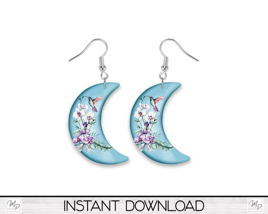 Crescent Moon Earring PNG Design for Sublimation, Hummingbird, Digital Download