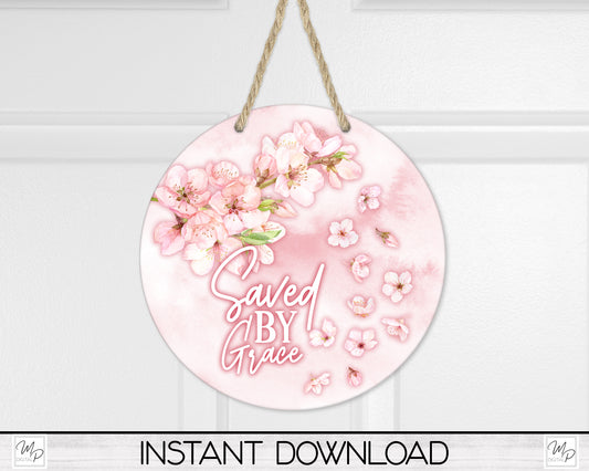 Christian Cherry Blossom Circle Front Door Hanger PNG Design for Sublimation, Digital Download