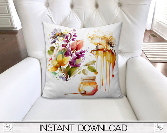 Honey Bee Pillow Cover PNG Sublimation Design, Digital Download, Square Pillow Case PNG Design