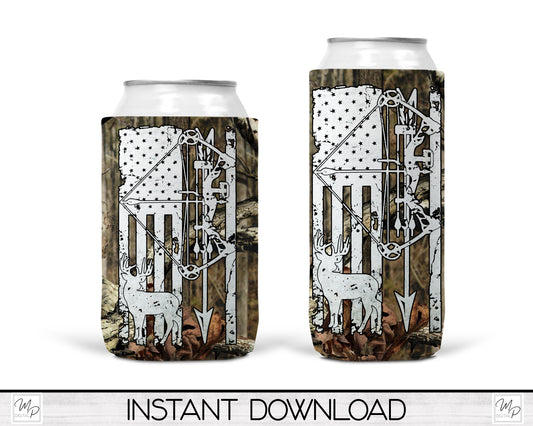 Bow Deer Hunter Neoprene Can Cooler PNG Sublimation Design, Digital Download